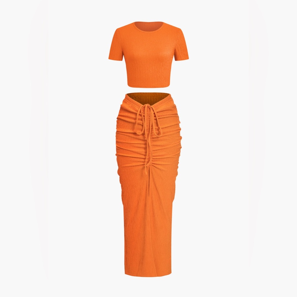 Orange Dress with Textured Fabric and Pleated Design